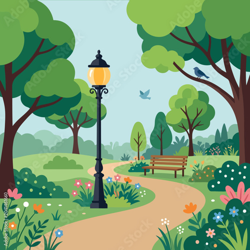 A peaceful public park with a winding path and wooden bench