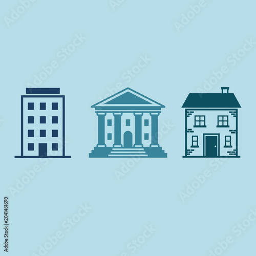 Three different types of buildings shown as simple flat icons