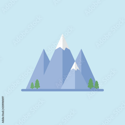 A flat vector illustration of snowy mountains with small green trees