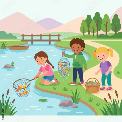 Happy children catching small fish in a sunny park stream