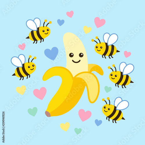 A cute cartoon banana surrounded by happy flying honey bees