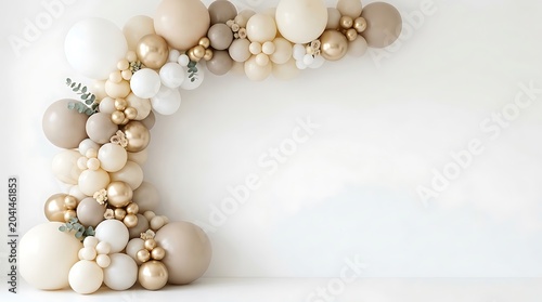 Elegant Neutral Balloon Arch with Gold Accents and Eucalyptus on White Background
