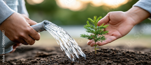Close up hand watering young tree sapling in soil for growth nature background