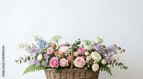 Elegant Pastel Flower Bouquet in a Wicker Basket with Copy Space