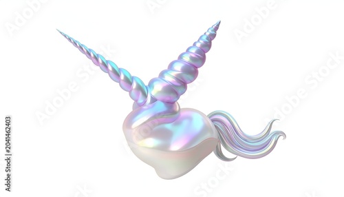 Iridescent Unicorn Head with Horns and Tail on White.