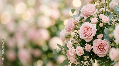 Elegant pink rose floral arrangement with soft focus romantic bokeh background