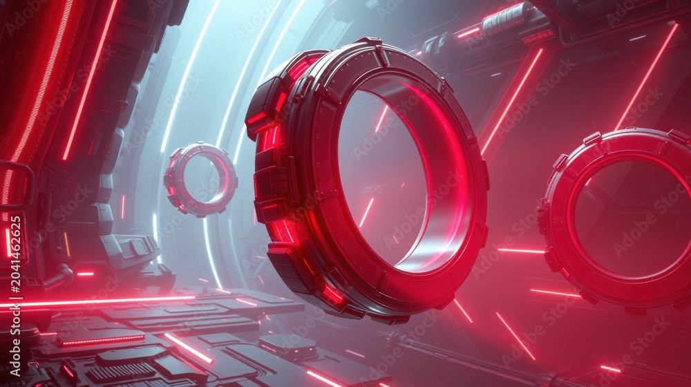 Fototapeta premium Futuristic interior. Red glowing rings dominate space. Complex metallic structures create dynamic composition. Light beams emphasize depth.
