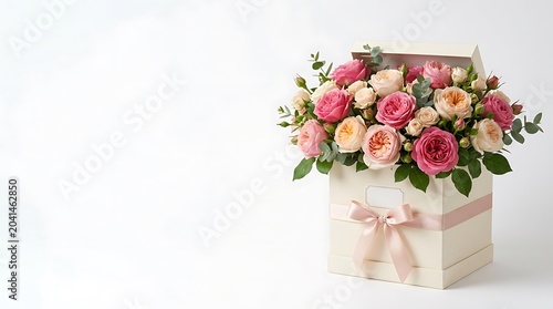 Luxury rose bouquet in a gift box with copy space on white