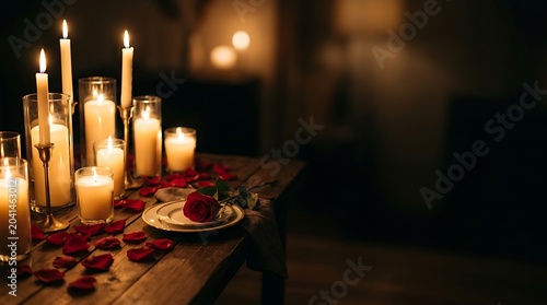 Romantic Dinner Setting with Candles Rose and Petals on Wooden Table