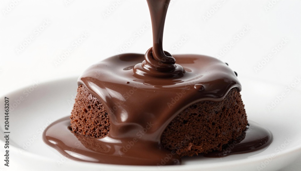 Obraz premium Moist chocolate cake on a white plate with glossy chocolate sauce being poured over it, creating a rich, silky, indulgent dessert