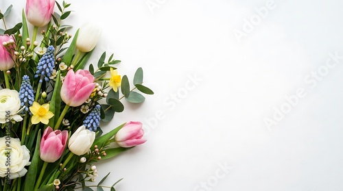 Spring flower bouquet with pink tulips and daffodils on white background with copy space