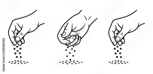 Three hands sprinkling small particles like salt or pepper, illustrating seasoning and food preparation.