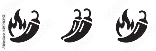 Set of icons representing hot chili peppers with flames and crossed peppers isolated on white background.