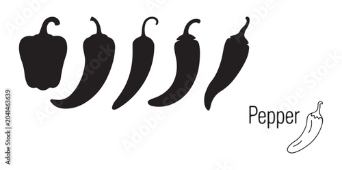 Schilderij op canvas Diverse pepper silhouettes set including bell pepper and chili varieties for grocery and vegetable market