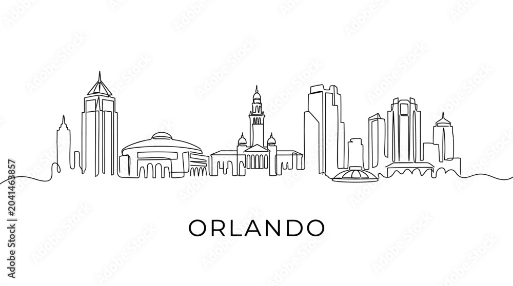 Fototapeta premium Orlando Skyline Line Art Illustration, Cityscape Drawing, Black and White