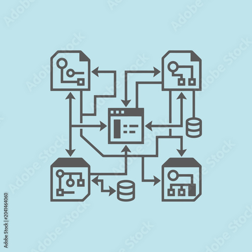 A digital diagram showing interconnected data nodes and server systems