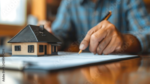 Home buyer signing property contract with house model on desk, real estate investment concept.
