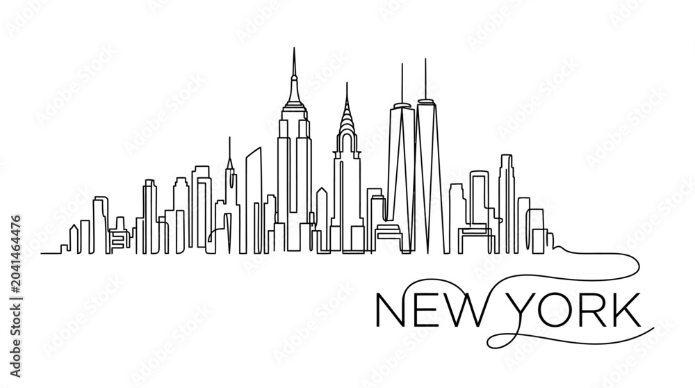 Fototapeta premium New York City Skyline One Line Drawing: Silhouette Outline