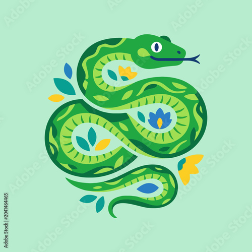 Tableau sur toile A stylized green snake illustration with floral patterns on skin