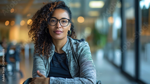 Confident professional woman in wheelchair working in modern office, inclusive workplace and diversity concept.