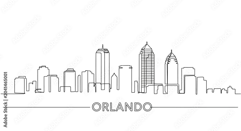 Fototapeta premium Orlando Skyline Continuous Line Art Drawing, Cityscape Vector Outline
