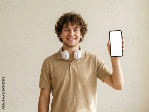 Young Man Holding Smartphone with Blank Screen and Headphones Around Neck, Smiling
