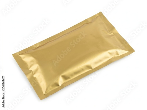 Golden foil sachet package mockup on white background, isolated