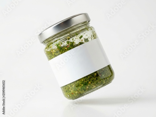 Glass jar of green pesto sauce with blank label on white background, food product mockup