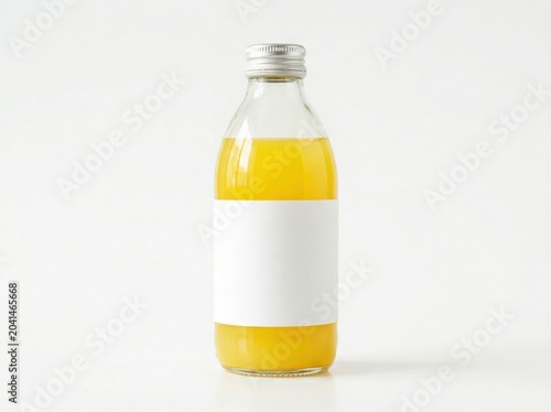 Clear Glass Bottle with Yellow Liquid and Blank Label on White Background