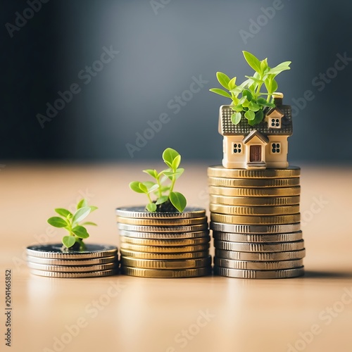 Growing House Investment Concept with Stacks of Coins and Plants.