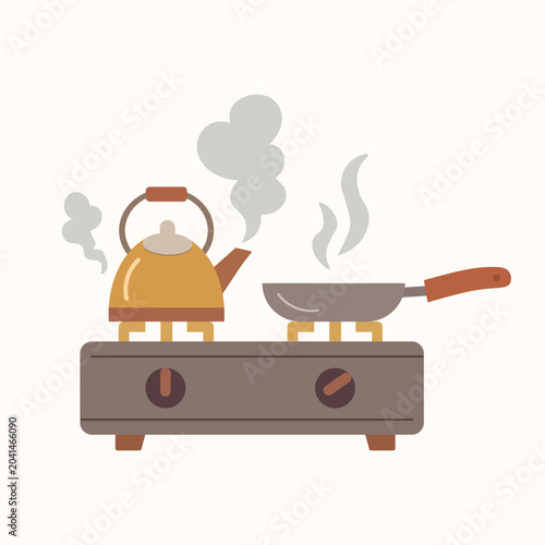 Boiling Kettle and Steaming Frying Pan Cooking on Gas Stove Top Burner