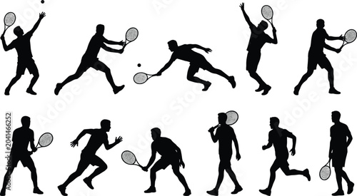 Canvastavla Tennis Player Silhouette Set with Serving Running Forehand Backhand and Match Ac