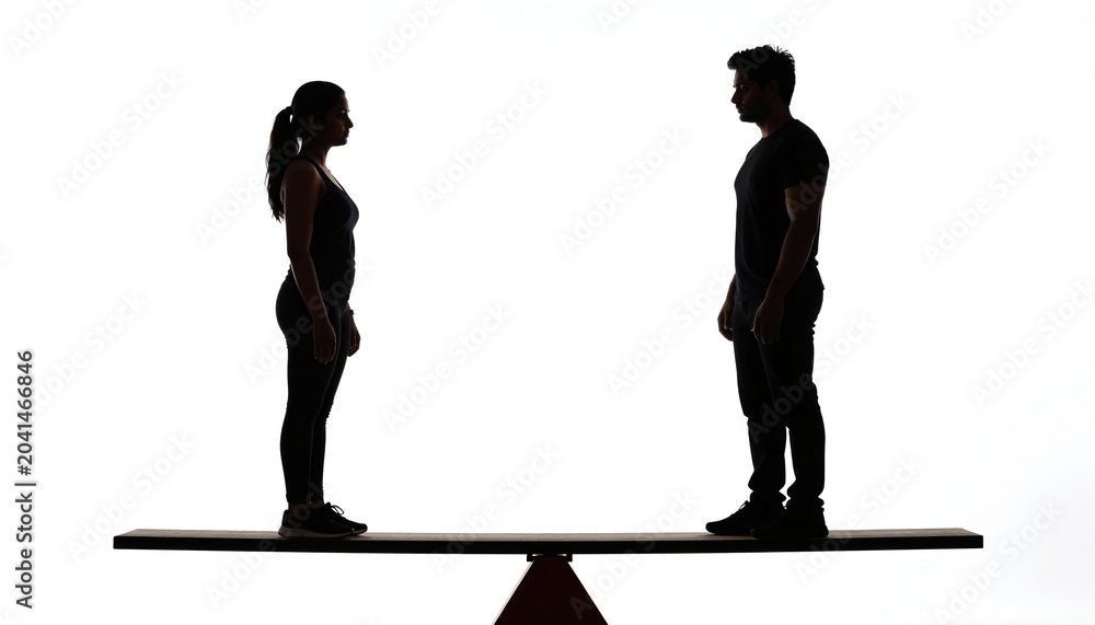 Obraz premium Silhouettes of a man and woman standing face-to-face on a balancing plank, suggesting balance, comparison, and relationship dynamics