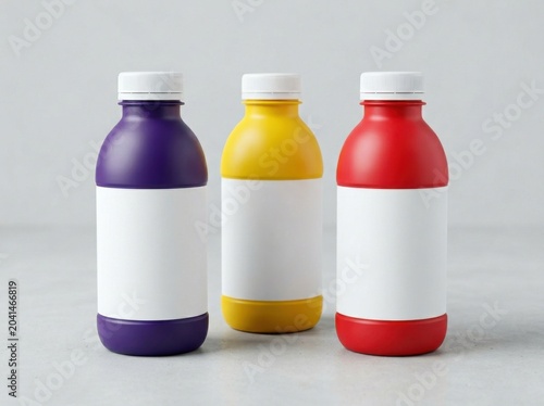 Three colorful plastic bottles with blank labels for mockups on a neutral background