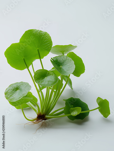 Organic Gotu Kola Plant With Roots And Green Leaves On White Background