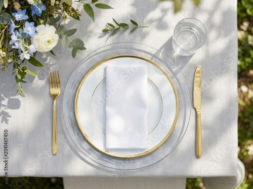 Elegant outdoor table setting with golden cutlery and floral arrangement