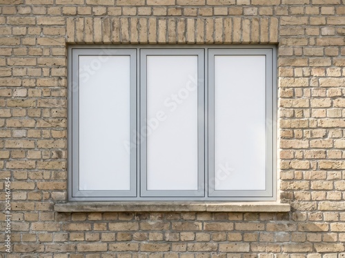 Modern triple-pane window set in a textured brick wall facade