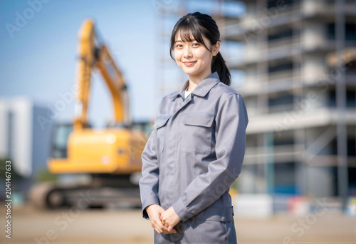 Smiling young Asian female construction worker in professional grey uniform