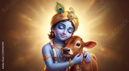 Lord Krishna Hugging a Calf