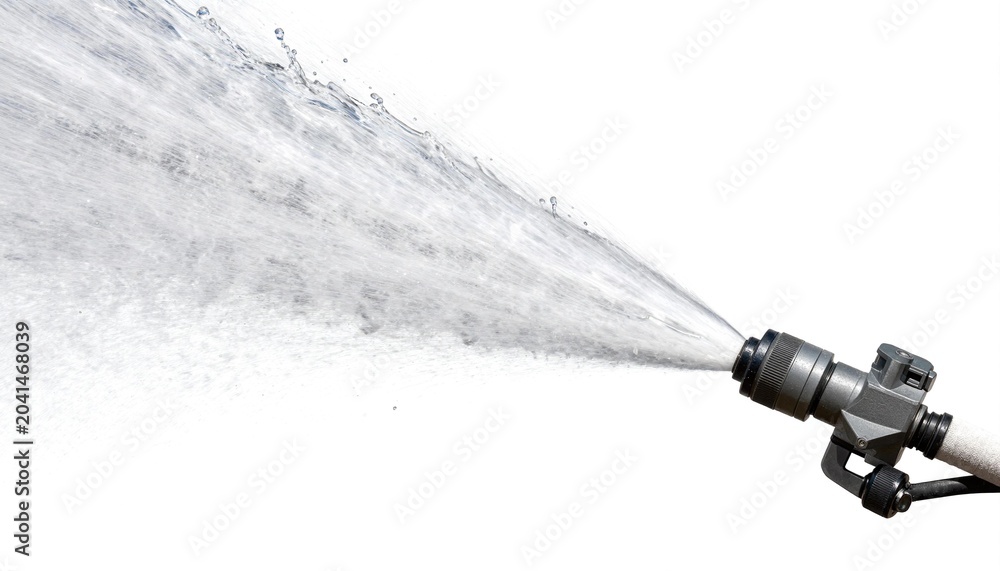 Fototapeta premium Fire hose nozzle spraying a strong high-pressure water jet across a white background