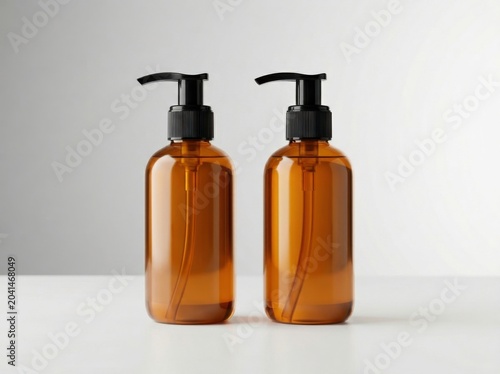 Two amber glass pump bottles with black dispensers on a white surface