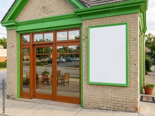 Exterior of a small commercial building with large glass doors and a blank sign