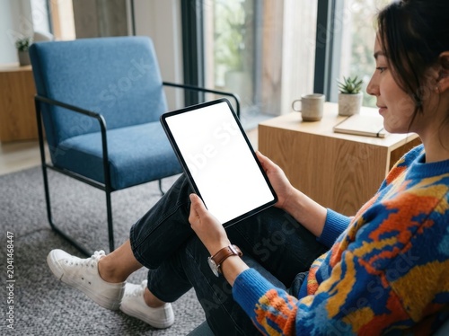 Woman holding a blank tablet screen while sitting in a modern living room