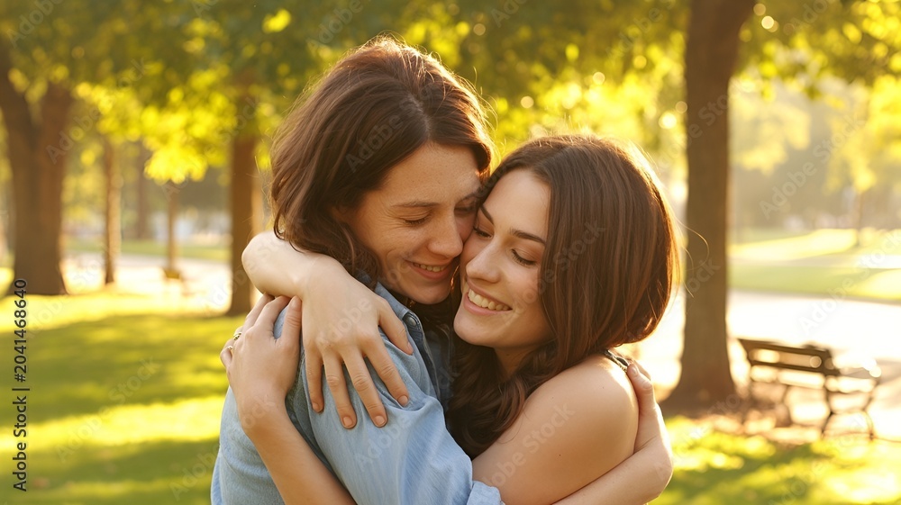 Fototapeta premium Two smiling women hugging affectionately in a park.