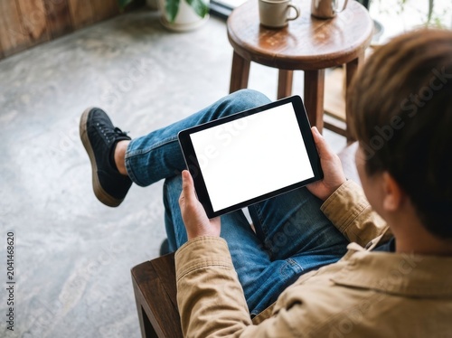 Person holding a tablet computer with a blank white screen in a cafe setting