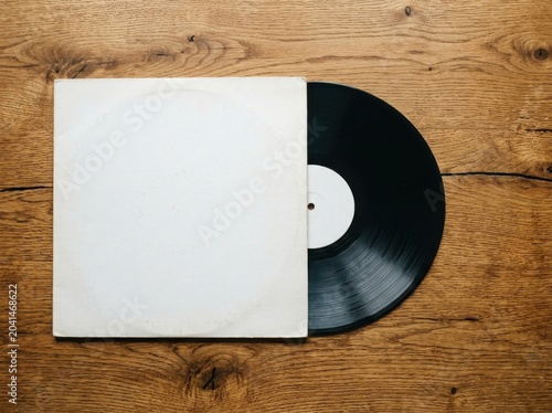 Vintage Vinyl Record Album Cover with Black Disc on Rustic Wooden Table
