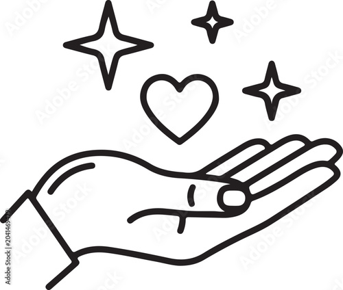 Bild auf Leinwand A hand holding a heart with stars floating above it in a simple line drawing sty