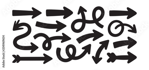 Bold Hand Drawn Black Arrow Icons Set with Loops and Curves