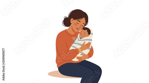 Schilderij op canvas Mother tenderly holding her newborn baby in cozy embrace