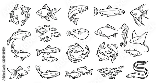 Minimalist fish line art collection, set of 20 aquatic animal icons in vector format, black and white sea life illustrations for logo design
